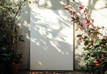 Poster - Bright White Canvas in a Garden Surrounded by Colorful Leaves and Soft Shadows : Generative AI
