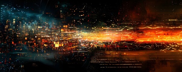 Wall Mural - an abstract nighttime cityscape featuring streams of light and glowing structures