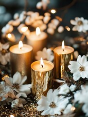 Poster - Elegant golden candles adorned with white flowers create a serene ambiance on a shimmering dark background Generative AI