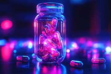 Poster - Futuristic transparent pill bottle showcases glowing capsules with a cyberpunk aesthetic in a high tech setting Generative AI