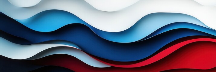 Fototapete - Dynamic layered waves in bold red, blue, and white create a powerful paper art background symbolizing national pride Generative AI