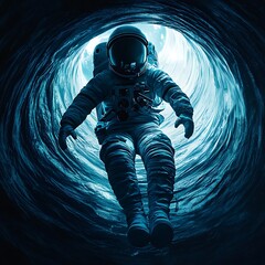 an astronaut descends into a mysterious, illuminated abyss, surrounded by swirling dark textures and