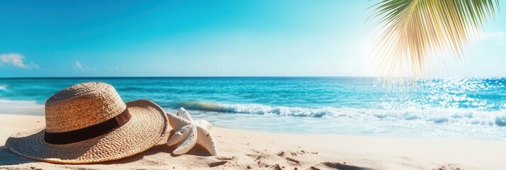 Aufkleber - Relaxing at the beach with straw hat and starfish during a bright sunny day by the ocean Generative AI