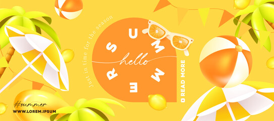 Wall Mural - summer web party poster banner tropical beach vibes background with beach decoration
