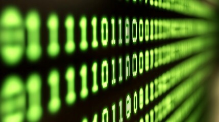 Close-up of glowing green binary code on a dark background.