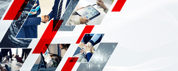 Aufkleber - Collage of various business images. Wide angle visual for banners or advertisements.