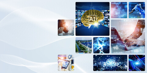 Aufkleber - A collage of various technology images. Wide angle visual for banners or advertisements.