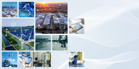 Fototapete - Collage of various industrial images. Wide angle visual for banners or advertisements.