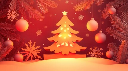 Aufkleber - Festive paper cutout of a glowing Christmas tree with ornaments and snowflakes for a warm holiday atmosphere Generative AI