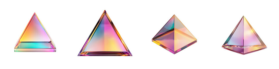 Wall Mural - captivating set of abstract geometric prismatic pyramid sculptures reflecting a rainbow of iridescen