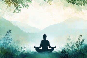 Poster - Meditating person in serene natural surroundings with soft light and peaceful atmosphere in a tranquil mountain landscape