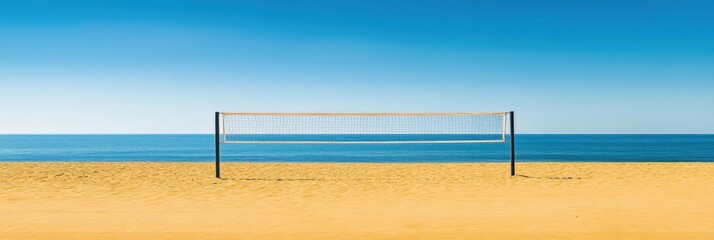 Aufkleber - Serene beach volleyball court overlooking a deep blue ocean on a sunny day with golden sand under clear sky Generative AI