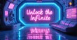 © antishock - Neon sign unlock infinite sapphire bright magenta floating inside futuristic spaceship casting reflections transparent control screens