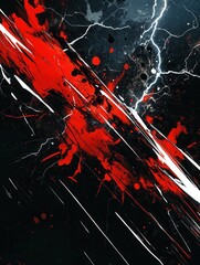 Fototapete - Dynamic display of chaos featuring sharp red and black splashes combined with striking lightning against a dark background Generative AI
