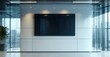 © antishock - Ultra modern corporate office sleek wall mounted digital screen powered set backdrop of floor ceiling glass windows
