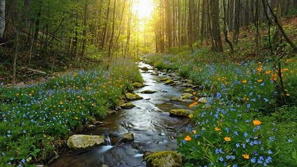 Wall Mural - Forest Stream's Embrace: Serene scene of a stream flowing through a lush forest, illuminated by a golden sun, wildflowers add a touch of color to the vibrant greenery.