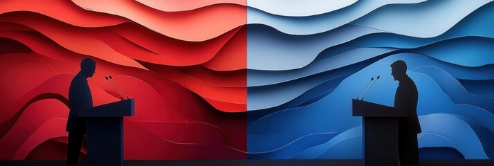 Poster - Bold paper art backdrop showcases engaging political debate with dynamic silhouettes of figures behind podiums Generative AI