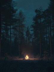 Aufkleber - Solitary campfire flickering in a dark forest clearing under a starry sky at night Generative AI