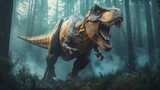 Realistic T-Rex in a Misty Forest Creating a Prehistoric Scene Full of Adventure and Mystery