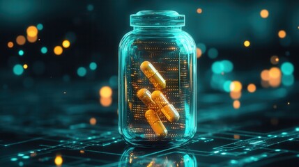 Aufkleber - Futuristic transparent pill bottle with glowing capsules showcasing cyberpunk design and high tech aesthetics Generative AI
