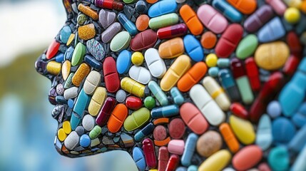 Aufkleber - Creative mosaic of colorful pills forming a detailed human silhouette with artistic arrangement according to golden ratio Generative AI