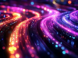 Fototapete - Vibrant optical fiber cables glowing with multicolored light, swirling and weaving through a sleek hightech cityscape, neon colors reflecting off metallic surfaces