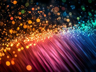 Aufkleber - A dense cluster of colorful glowing optical fiber cables, radiating bright neon hues of red, blue, and green, visually stunning against a pitchblack background