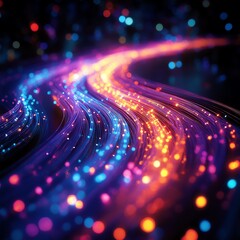 Poster - A dynamic display of glowing optical fiber cables in bright colors, flowing and curving through an ultramodern digital landscape, illuminated in glowing patterns