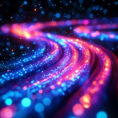 Poster - A dynamic display of glowing optical fiber cables in bright colors, flowing and curving through an ultramodern digital landscape, illuminated in glowing patterns