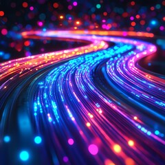 Poster - A dynamic display of glowing optical fiber cables in bright colors, flowing and curving through an ultramodern digital landscape, illuminated in glowing patterns