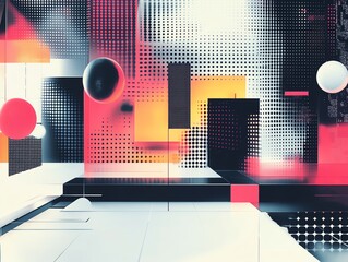 Poster - Abstract background with geometric shapes in a grid pattern, sharp contrasting colors of black, white, and neon, creating a modern digital look