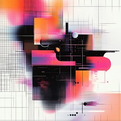 Poster - Abstract background with geometric shapes in a grid pattern, sharp contrasting colors of black, white, and neon, creating a modern digital look