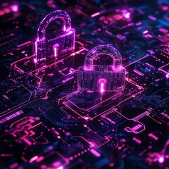 Poster - Abstract digital security concept with glowing padlocks, data streams, and intricate circuitry patterns, futuristic techinspired design, vibrant neon hues