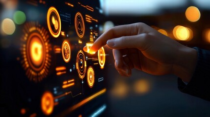 Futuristic User Interface Interaction with Touchscreen and Neon Elements in Dark Environment