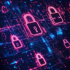 Poster - Abstract digital security concept with glowing padlocks, data streams, and intricate circuitry patterns, futuristic techinspired design, vibrant neon hues