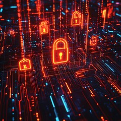 Poster - Abstract digital security concept with glowing padlocks, data streams, and intricate circuitry patterns, futuristic techinspired design, vibrant neon hues