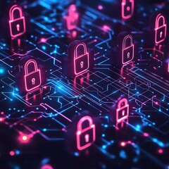 Poster - Abstract digital security concept with glowing padlocks, data streams, and intricate circuitry patterns, futuristic techinspired design, vibrant neon hues