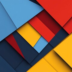 Poster - Abstract geometric background with overlapping shapes, vibrant colors of blue, red, and yellow, sharp angles and smooth curves, modern and dynamic design