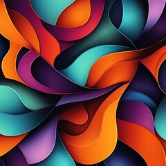 Poster - Abstract geometric shapes in a seamless pattern, vivid colors of orange, purple, and turquoise, smooth curves and sharp edges, highdefinition design