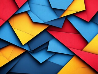 Poster - Abstract geometric background with overlapping shapes, vibrant colors of blue, red, and yellow, sharp angles and smooth curves, modern and dynamic design