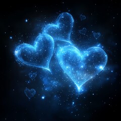 Fototapete - Abstract glowing blue heart shapes softly illuminated with radiant light, floating across a dark, starry backdrop, highdefinition glowing effect