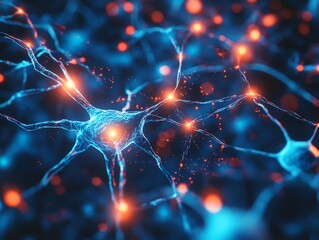 Poster - Abstract neural connections concept with glowing neural pathways, intricate web of interconnected neurons, vibrant electric blue and neon hues, futuristic design