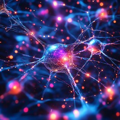 Poster - Abstract neural network with vibrant glowing connections between neurons, interconnected pathways and bright neon colors, hightech brain design