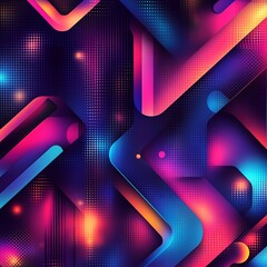 Poster - Bold and vibrant abstract geometric pattern with 3D shapes and gradients, dynamic angles, illuminated by soft neon lights, futuristic design