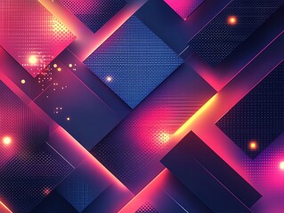 Poster - Bold and vibrant abstract geometric pattern with 3D shapes and gradients, dynamic angles, illuminated by soft neon lights, futuristic design