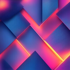 Poster - Bold and vibrant abstract geometric pattern with 3D shapes and gradients, dynamic angles, illuminated by soft neon lights, futuristic design