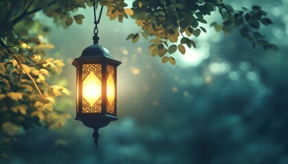 Wall Mural - ornate metal lantern glowing in a dark forest at night
