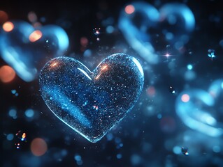 Fototapete - Closeup of glowing blue hearts floating gently in a dark space, soft glowing light creating a serene and peaceful effect, ultrarealistic rendering