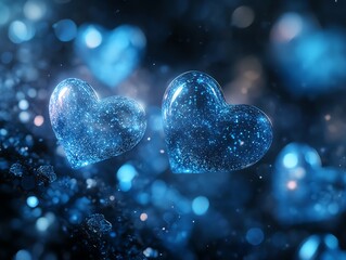 Fototapete - Closeup of glowing blue hearts floating gently in a dark space, soft glowing light creating a serene and peaceful effect, ultrarealistic rendering