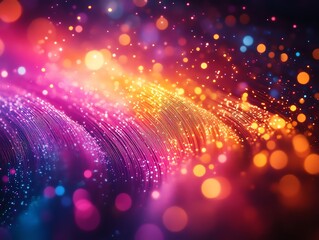 Poster - Closeup of neonlit optical fiber cables with vibrant glowing strands, creating a stunning light show, modern scifi design, vivid contrast